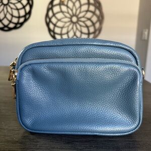 Pom Pom London Mayfair Slate Blue Leather Bag w/ extra tapestry strap - Gold